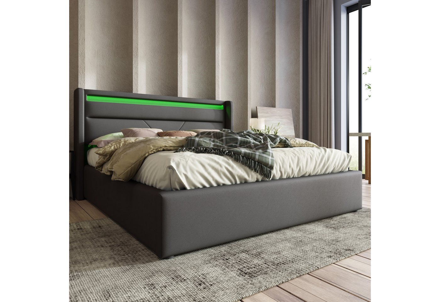 IDEASY Stauraumbett Polsterbett,Doppelbett Bettgestel, (mit LED-Beleuchtungsleiste, 140x200cm/160x200cm), PU-Stoff,Grau/Beige (Mit Fernbedienung) von IDEASY