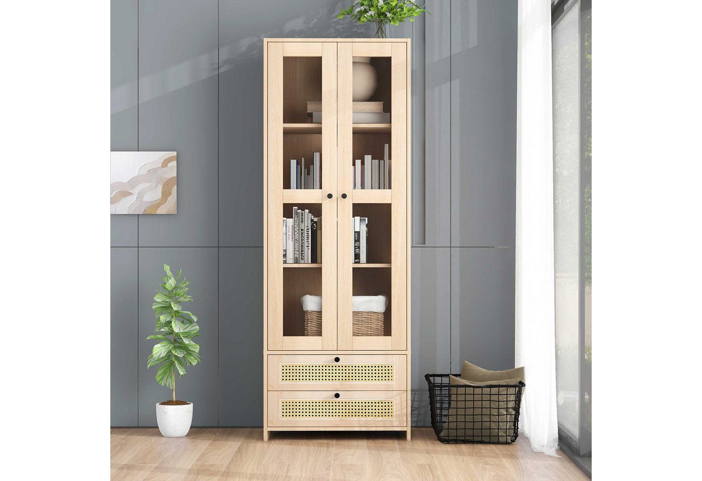 IDEASY Stauraumvitrine Vitrine, Bücherregal, 60*40*170 cm, 2 Schubladen und 2 Türen, (Rattanschubladen, Kippschutz) Verwendung in Schlafzimmern, Arbeitszimmern, Büros von IDEASY