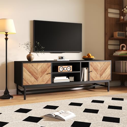 IDEASY TV-Schrank 150 cm mit Schränken & Fächern, Schwarz-Holz-Kontrastdesign für modernes Wohnzimmer, vielseitiger Stauraum und minimalistischer Aufbau von IDEASY
