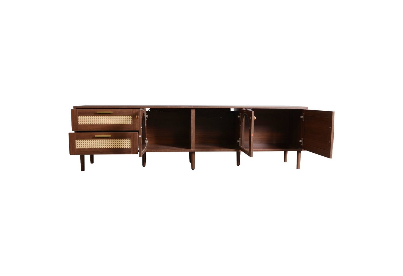 IDEASY TV-Schrank 180 cm brauner TV-Schrank für 80-Zoll-Fernseher – (mit 2 Rattan-Schubladen, 2 gewölbten Glastüren und 1 Rattan-Tür) LED-Beleuchtung, bietet stilvolle Aufbewahrung, TV-Board von IDEASY