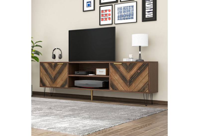 IDEASY TV-Schrank Lowboard, Türen aus Massivholzfurnier, Holprige Textur, 155x38x48 cm TV-Board, 2 Türen Goldene Griffe & Eisenfüße, für TV-Geräte bis zu 39" von IDEASY