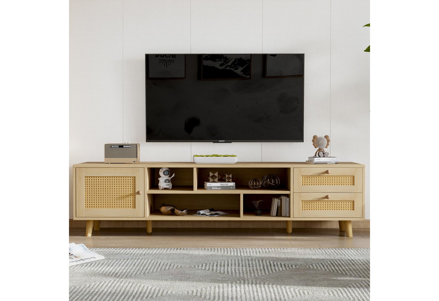 IDEASY TV-Schrank Rattan-TV-Schrank, Unterschrank, Ablageregal, 160 x 39 x 40,5 cm, (geeignet für 70-Zoll-Fernseher, Kabelmanagement, 2 Schubladen) 1 Tür, höhenverstellbar, Bohemian-Stil von IDEASY