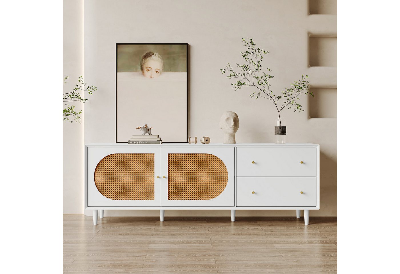 IDEASY TV-Schrank Sideboard, Beistellschrank,Beine aus Massivholz, (2 Schubladen, 2 Türen, Rattan-Design, Für Wohnzimmer, Schlafzimmer) bietet Platz für einen Fernseher der Größe 80 Zoll von IDEASY