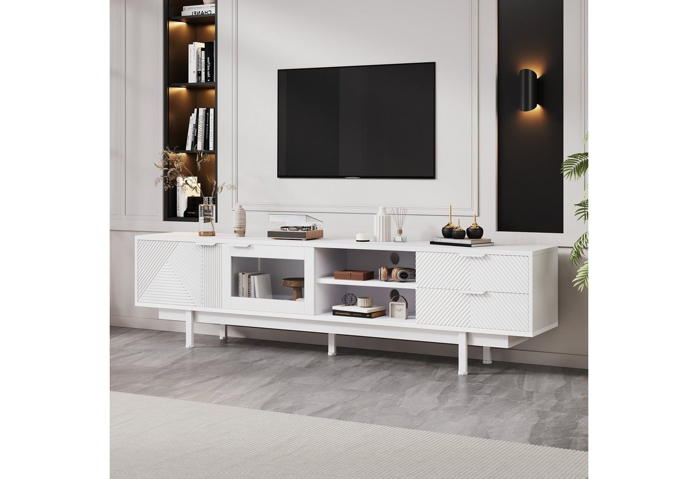 IDEASY TV-Schrank TV-Schrank Lowboard 80-Zoll Schwarz 2Türen+2Schubladen von IDEASY