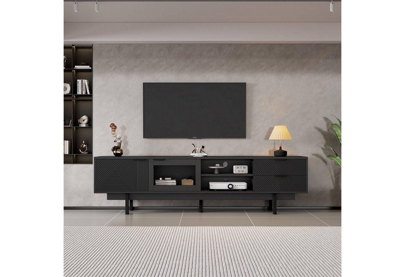IDEASY TV-Schrank TV-Schrank Lowboard 80-Zoll Schwarz 2Türen+2Schubladen von IDEASY