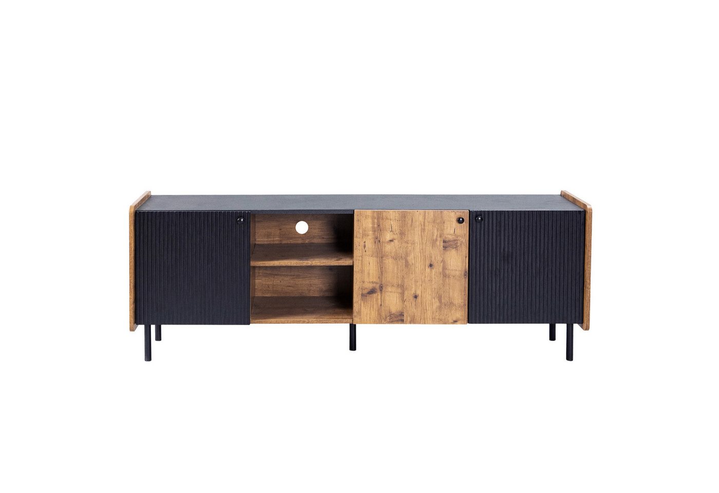 IDEASY TV-Schrank TV-Schrank im Farbblockierung, TV-Board, Geeignet für 50-59" TVs 3 Türen, 2 offene Fächer, mattem Eisenrahmen, schwarzen Holzgriffen von IDEASY