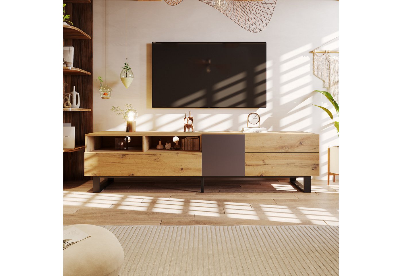 IDEASY TV-Schrank TV-Schrank in Holzmaserung mit zwei Ablagefächern, einer unteren Tür, einer linken Tür und zwei Schubladen, 180 x 50 x 38 cm von IDEASY