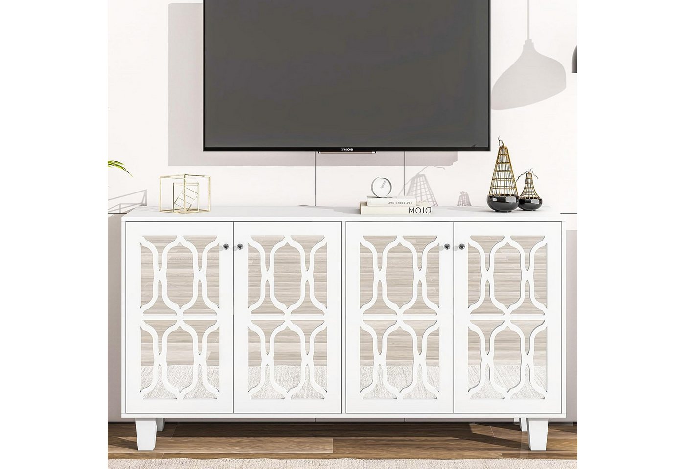 IDEASY TV-Schrank TV-Schrank mit Hohlmuster, Sideboard, Spiegeltür (geeignet für Fernseher bis 65 Zoll) 4 Türen,verstellbare Einlegeböden, Schwarz/Weiß von IDEASY