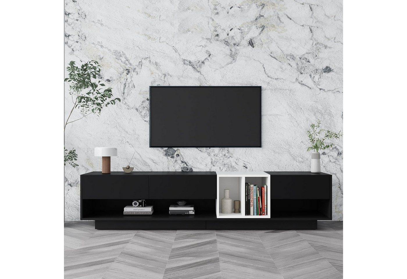 IDEASY TV-Schrank TV-Schrank mit geschlossenem Boden, schwarz-weißem Colour-Blocking (190 x 40 x 42cm Passend für Fernseher bis 80 Zoll) offenen Fächern und Schubladen zur Aufbewahrung von IDEASY