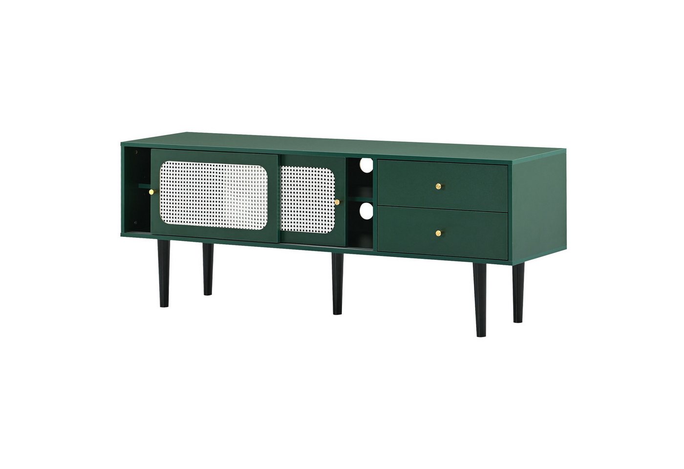 IDEASY TV-Schrank grün mit weißem Rattan, 2 Schubladen, (2 Rattan-Schiebetüren, 4 Fächer, höhenverstellbares mobiles Regal) 160*40*60 cm, Schrankboden 25 cm über dem Boden von IDEASY