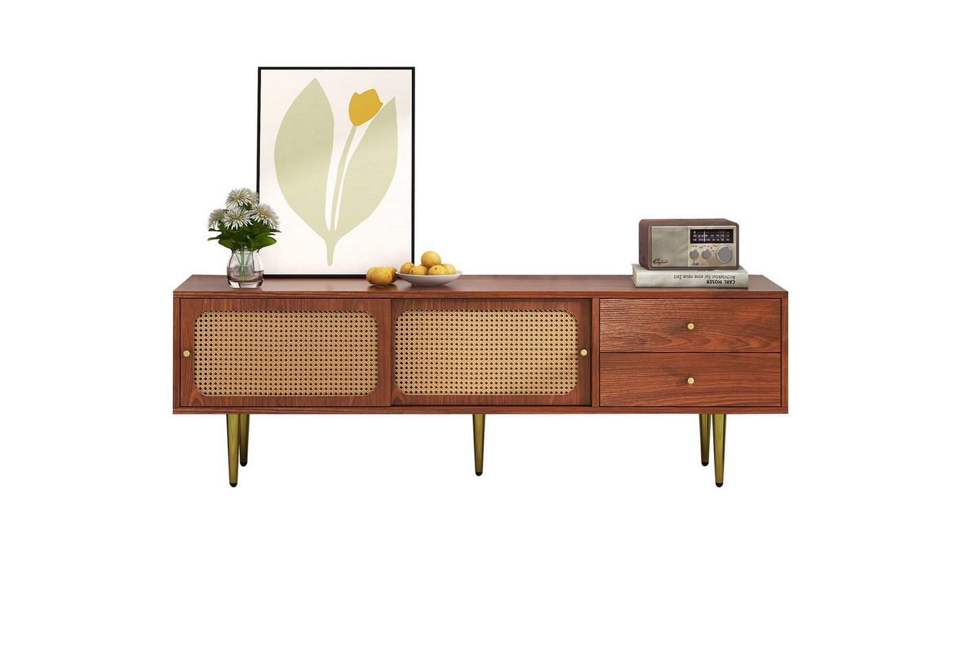 IDEASY TV-Schrank grün mit weißem Rattan, 2 Schubladen, (2 Rattan-Schiebetüren, 4 Fächer, höhenverstellbares mobiles Regal) 160*40*60 cm, Schrankboden 25 cm über dem Boden von IDEASY