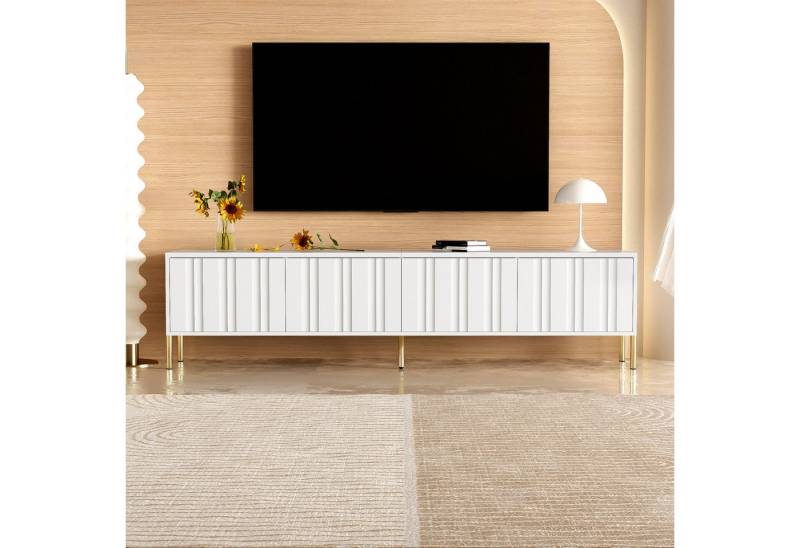 IDEASY TV-Schrank in Weiß/Schwarz, TV-Board mit vertikalen Rillen, 190 x 38 x 48 cm (Passend für 59"-TVs) Lowboard mit 4 Türen und 8 Einlegeböden, Goldene Beine von IDEASY