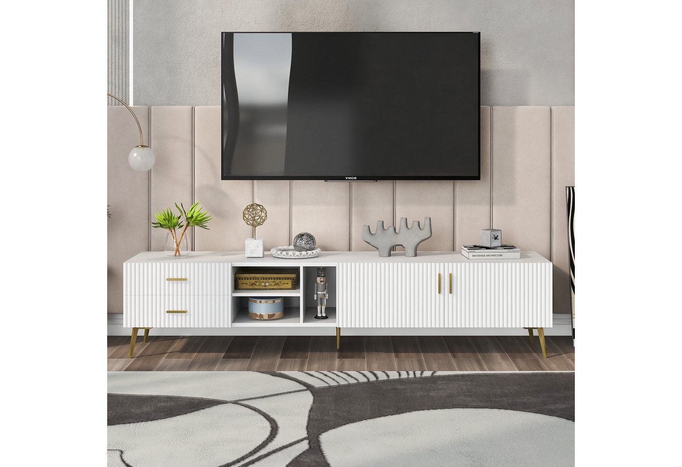 IDEASY TV-Schrank lowboard,vertikale Streifendekoration,Metallbeine, (Metallgriffe, MDF, bietet Platz für Fernseher bis zu 80 Zoll) 2 Schubladen, 3 offene Fächer von IDEASY