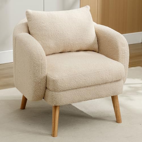 IDEASY Teddy-Samt-Sessel, Moderner Einzelsessel mit extra dickem Kissen & Massivholz-Beine, Gepolsterter Freizeitsessel für Wohnzimmer, Schlichtes Design, Beige von IDEASY