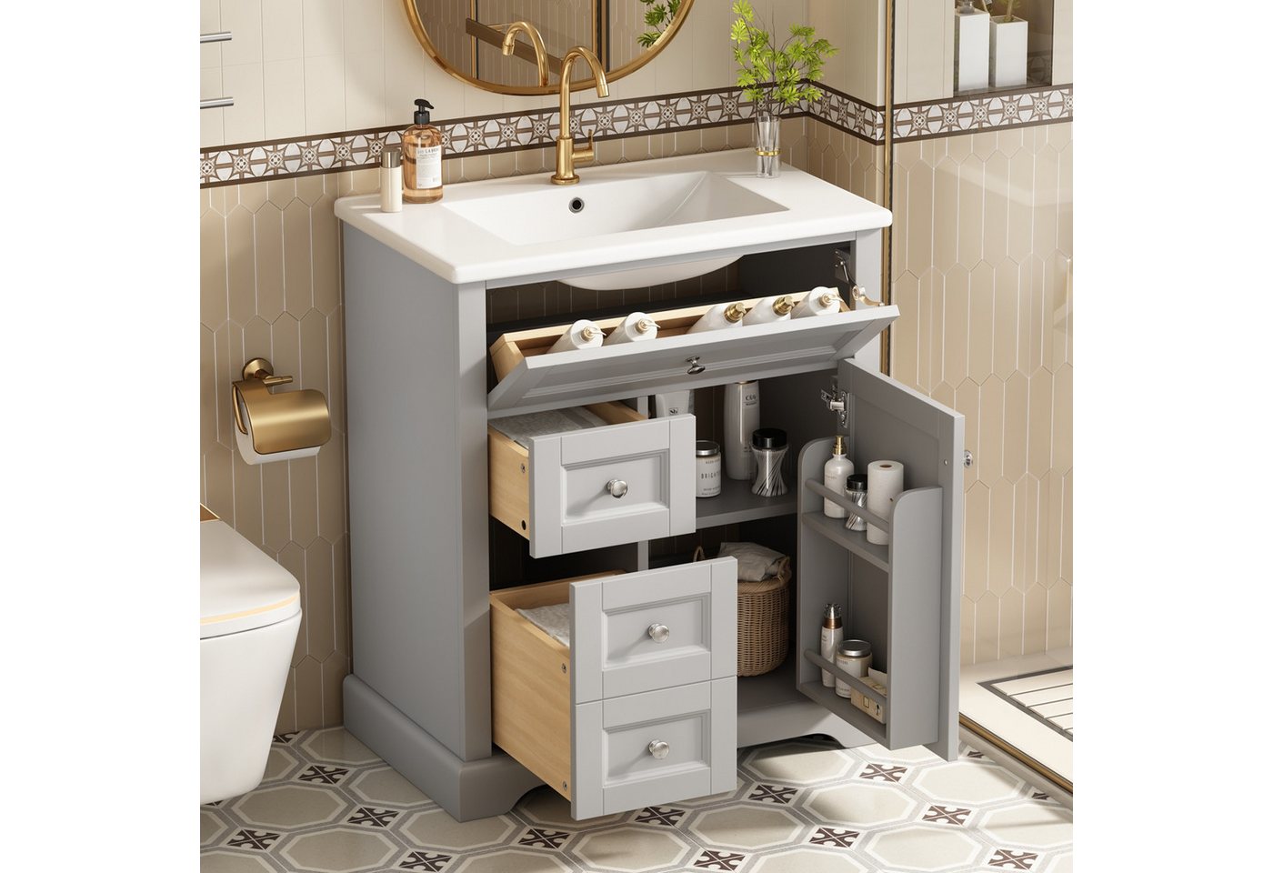 IDEASY Waschbecken Badezimmerschrank grau: feuchtigk., Soft-Close IDEASY Waschbecken Badezimmerschrank grau: feuchtigk., Soft-Close von IDEASY