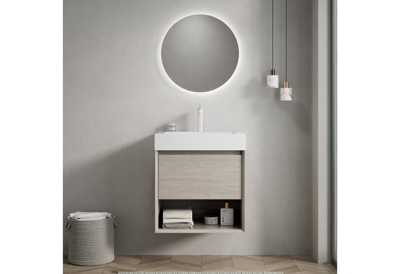 IDEASY Waschbecken LUZ Wand-Waschtisch 55cm weiß Resinbecken Eiche Hell IDEASY Waschbecken LUZ Wand-Waschtisch 55cm weiß Resinbecken Eiche Hell von IDEASY