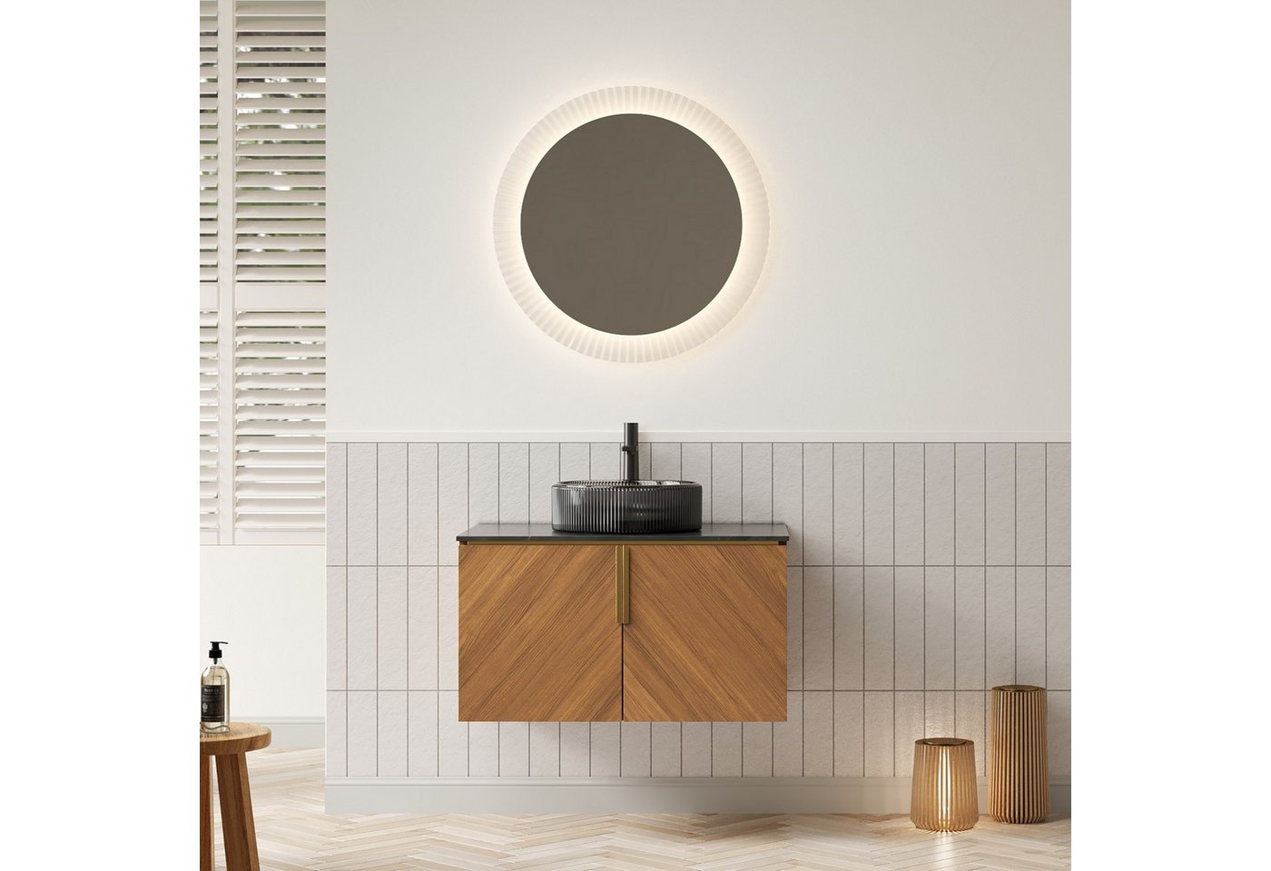 IDEASY Waschbecken Wandmontierter Waschtisch 76cm mit Keramikbecken & Sinterstein, Schwarze Arbeitsplatte + Espresso Holzschrank 2-Türen von IDEASY