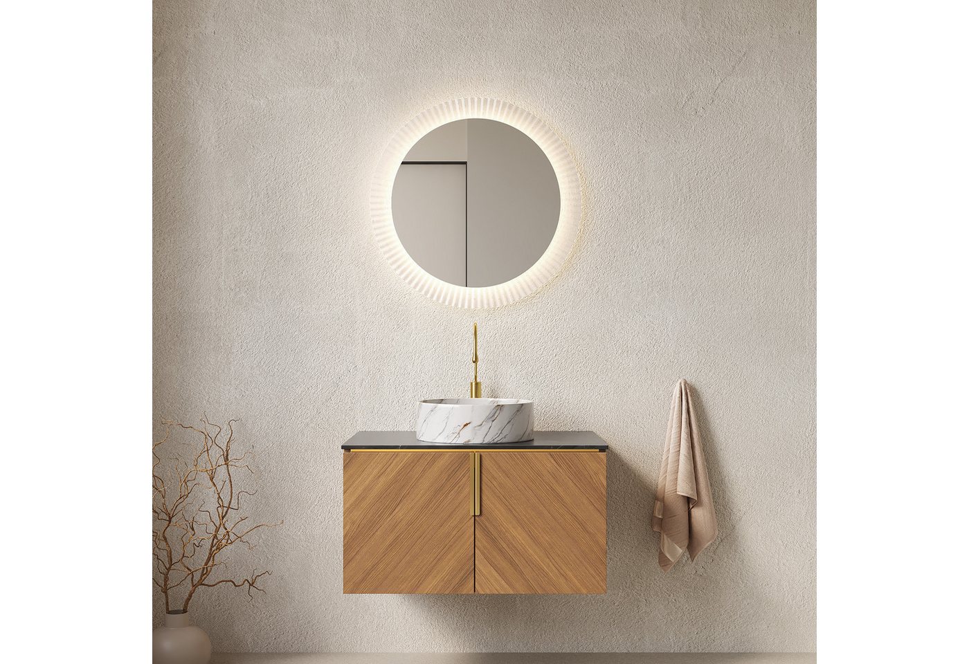 IDEASY Waschbecken Wandmontierter Waschtisch 76cm mit Keramikbecken & Sinterstein, Schwarze Arbeitsplatte + Espresso Holzschrank 2-Türen von IDEASY