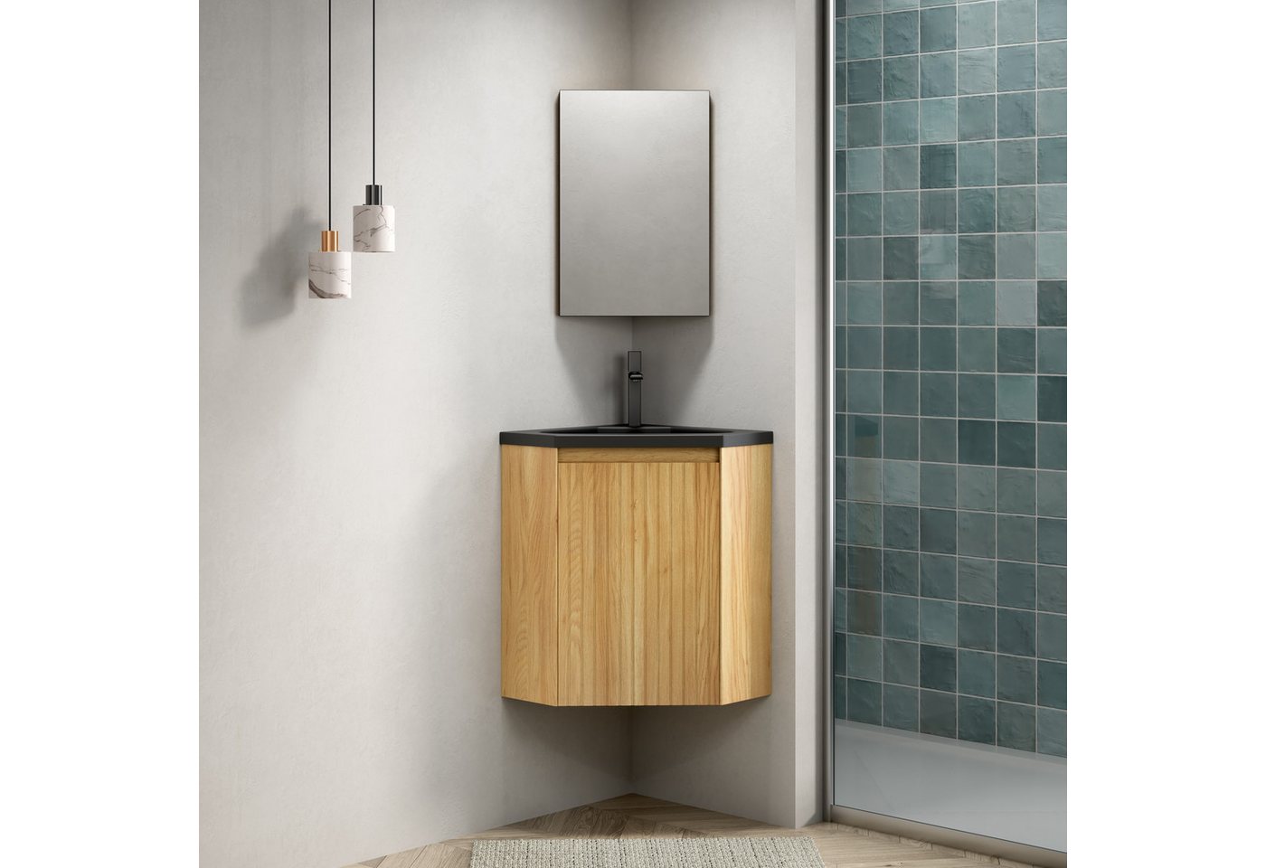 IDEASY Waschbecken Zuri Eckwaschtisch 38cm vormontiert matt-schwarz, Sperrholz mit Integrationsbecken, Holzmaserung IDEASY Waschbecken Zuri Eckwaschtisch 38cm vormontiert matt-schwarz, Sperrholz mit Integrationsbecken, Holzmaserung von IDEASY
