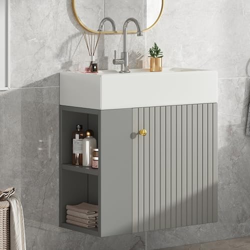 IDEASY Waschtischunterschrank mit Waschbecken, Hängender Badezimmerschrank 55 cm in Hellgrau, Kleine Gästebadmöbel für Gästebad/Waschraum von IDEASY