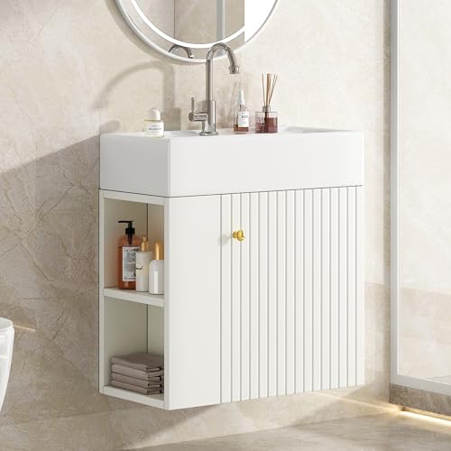IDEASY Waschtischunterschrank mit Waschbecken, Hängender Badezimmerschrank Weiß 55 cm, Kompakte Gästebadmöbel mit Keramikbecken & Ablagefach, Modernes Badmöbel für Kleine Bäder von IDEASY