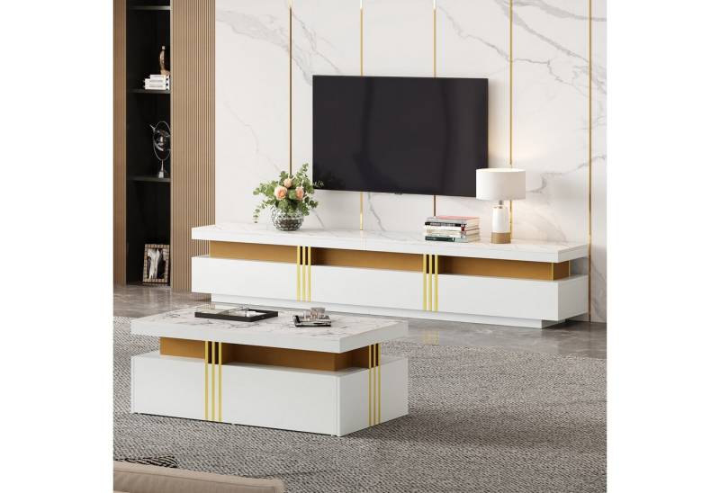 IDEASY Wohnzimmer-Set (2 St) Wohnzimmer Möbel, Moderner Luxus TV- Schrank und Couchtisch-Set, Marmorfurnier, geeignet für TVs bis 90", 200x40x42 cm & 100x50x40 cm von IDEASY