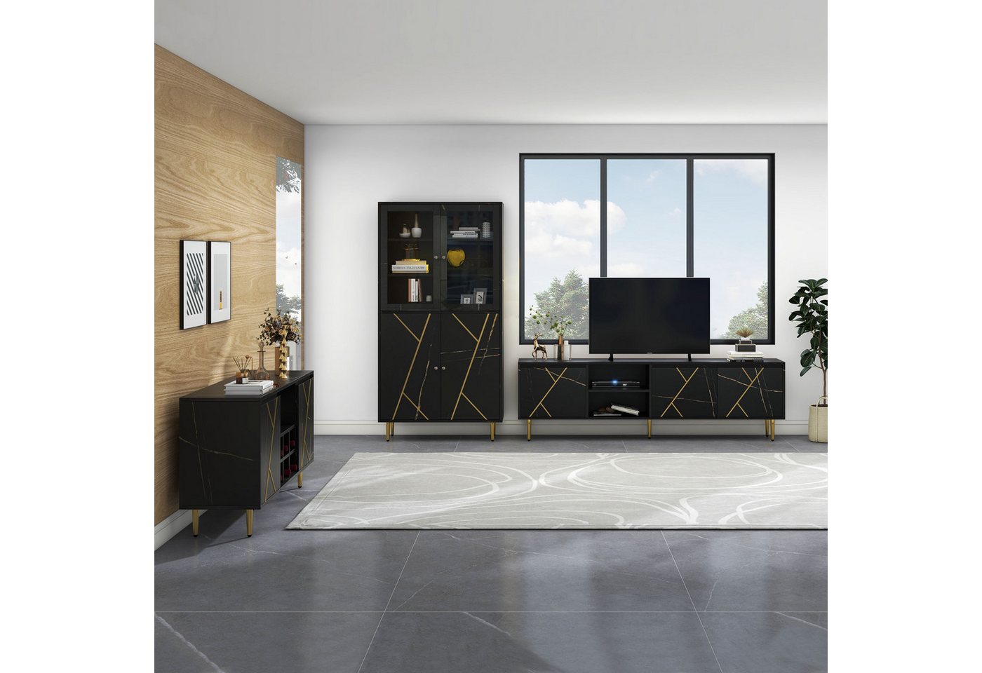 IDEASY Wohnzimmer-Set 3-teiliges Wohnzimmermöbel-Set, TV-Schrank, (Vitrine und Beistelltisch mit Weinschrank), Schwarz-Gold-Farbschema,Hochwertige Materialien,Praktischer Stauraum von IDEASY