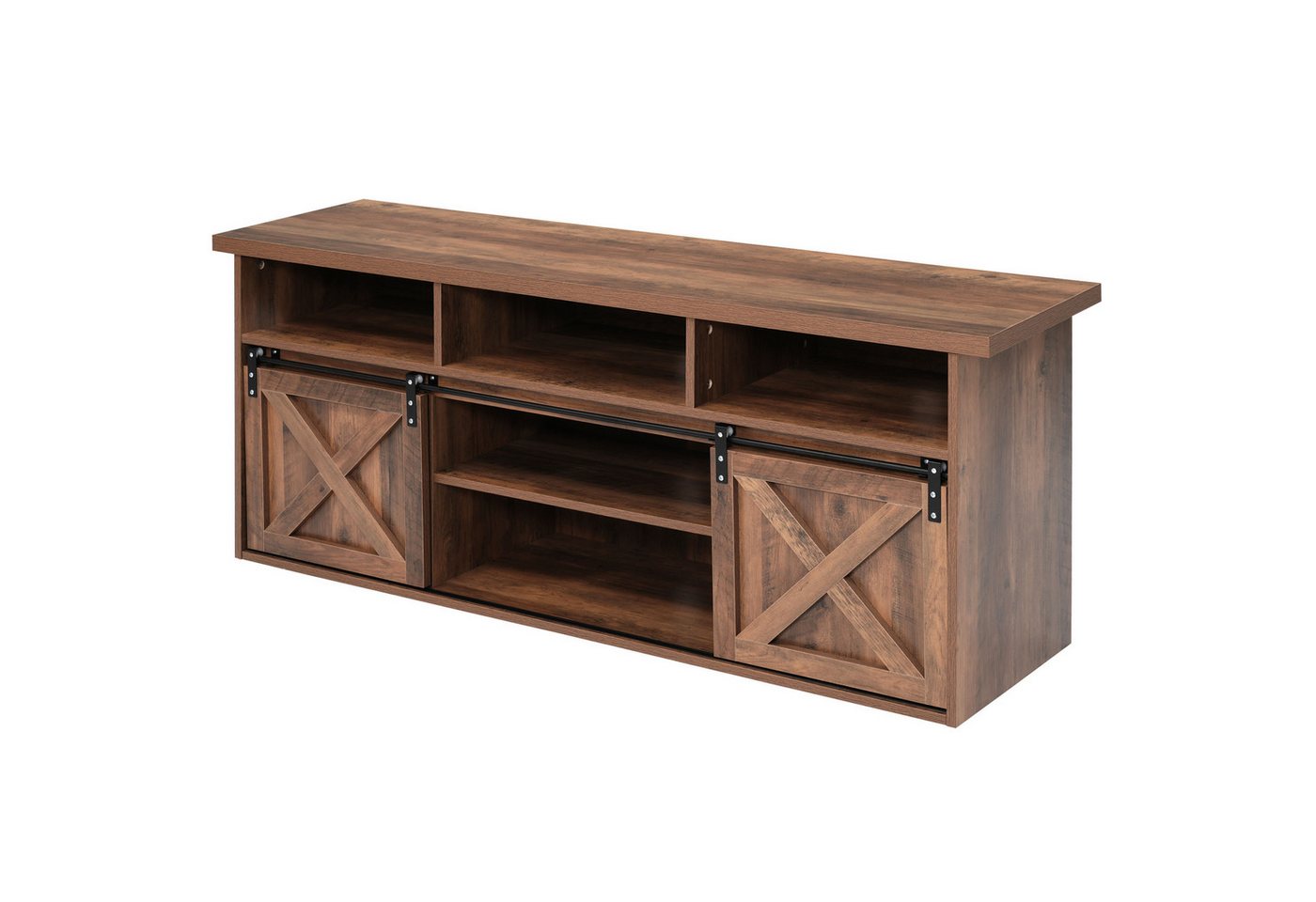 IDEASY Wohnzimmertisch 1,5 Meter langer TV-Schrank in Braun mit 2 Schiebetüren, (9 Stauraumfächern und LED-Beleuchtung,150*40*60cm(L*W*H), Insgesamt 9 Fächer,Gewichtskapazität 30KG von IDEASY