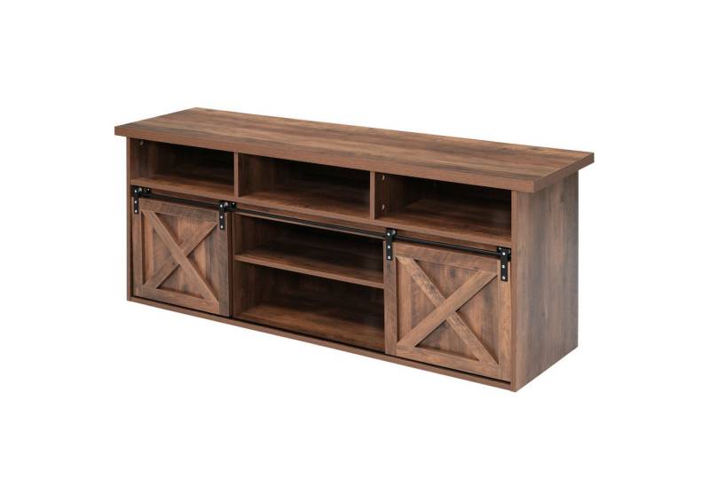 IDEASY Wohnzimmertisch 1,5 Meter langer TV-Schrank in Braun mit 2 Schiebetüren, (9 Stauraumfächern und LED-Beleuchtung,150*40*60cm(L*W*H), Insgesamt 9 Fächer,Gewichtskapazität 30KG von IDEASY