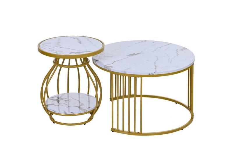 IDEASY Wohnzimmertisch Couchtisch 2er Set Rund Tisch Wohnzimmer Rund mit Metallgestell (Beistelltisch Weiss Modern Satztische fürs Wohnzimmer), Weiß Gold Marmor Optik, 70*70*45.5cm(L*W*H)+45*45*53.5cm(L*W*H) von IDEASY