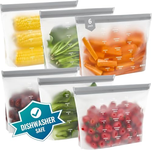 IDEATECH Wiederverwendbare Silikon-Lebensmittel-Aufbewahrungsbeutel – auslaufsichere luftdichte Behälter für Mittagessen, Snacks, Obst und Gemüse (6 Stück, 6 x 3200 ml) von IDEATECH