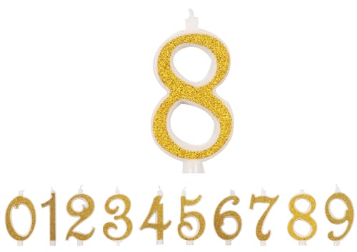 IDEGOS 10 cm Geburtstagskerzen, Zahl 8, 3D, goldfarben, glitzernd, Dekoration für Kuchen, Geburtstag, Kerzen für Kuchen, Hochzeit (Gold, 8) von IDEGOS