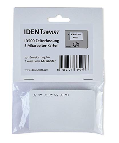 IDENTSmart Zeiterfassung 5er Pack Mitarbeiter-Karten (RFID) inkl. Lizenz - weiß - für ID500TR von IDENTSmart
