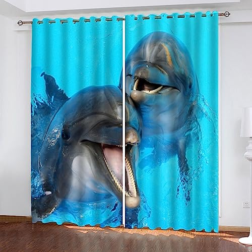 IDIDOS Blickdichte Gardinen Delfin Blaues Meer Verdunkelungsvorhang Wohnzimmer Schlafzimmer 3D Gedruckt Polyester Blickdichte Vorhänge 234 x 137 cm von IDIDOS