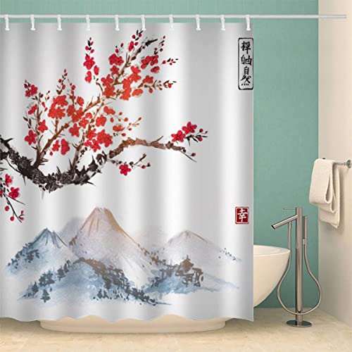 IDIDOS Duschvorhang Blumen Japanischer Stil 3D Wasserdicht Duschvorhang Textil Kirschblüten Badezimmer Badewanne Vorhänge mit 12 Ring Duschvorhang Bunt 200x200 cm von IDIDOS