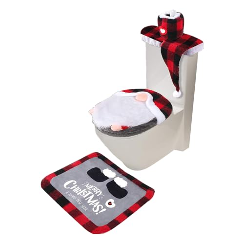 IDIDOS Weihnachts-Toilettensitzbezug, 4-teiliges Deko-Toilettenbezug- und Teppich-Set, Badematte, U-förmiger Kontur-Toilettenvorleger, Rutschfester Badvorleger, Festliche Hausparty-Dekoration von IDIDOS