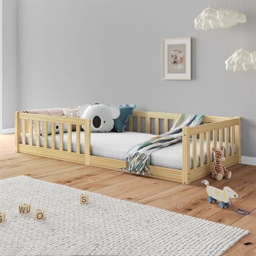 Bodenbett GUSTAVO mit Lattenrost und Rausfallschutz 90x190 cm, Natur – Montessori Kinderbett aus Massivholz, bodentiefes Einzelbett, sicherer Einstieg für Kinder, wechselseitiger Rausfallschutz von IDIMEX