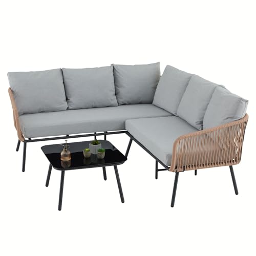 Gartenlounge JAKARTA, braun/grau - Outdoor Ecksofa mit Dreisitzer, Zweisitzer und Beistelltisch, robustes Metallgestell, wasserabweisende Kissen, für Terrasse und Balkon, L-förmige Sitzlandschaft von IDIMEX
