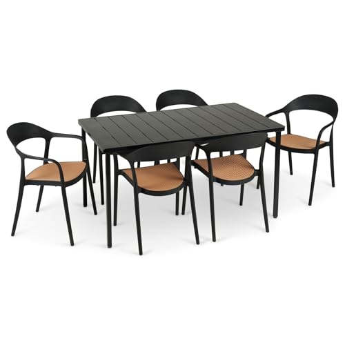 Gartenmöbel Set LAVANDA 1 Tisch & 6 Stühle, schwarz - Outdoor Sitzgruppe wetterfest UV-beständig, Tisch aus Aluminium, Stühle aus Polyrattan & Wiener Geflecht Optik für Balkon Terrasse & Garten von IDIMEX