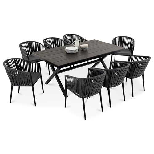 Gartenmöbelset ISOLA mit 8 Stühlen, Schwarz/Anthrazit – wetterfeste Essgruppe, Gartentisch 180 x 100 cm mit WPC Tischplatte und stapelbare Gartenstühle inkl. Kissen für Terrasse & Balkon von IDIMEX
