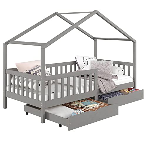 Hausbett ELEA aus massiver Kiefer, Kinderbett mit Rausfallschutz 90x200cm, Spielbett mit Dach in grau Hausbett ELEA aus massiver Kiefer, Kinderbett mit Rausfallschutz 90x200cm, Spielbett mit Dach in grau von IDIMEX