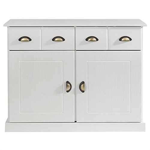 Kommode Paris aus massiver Kiefer in weiß, schönes Sideboard mit 2 Türen, praktische Apothekerkommode mit 2 Schubladen, Zeitlose Schubladenkommode mit Muschelgriffe von IDIMEX