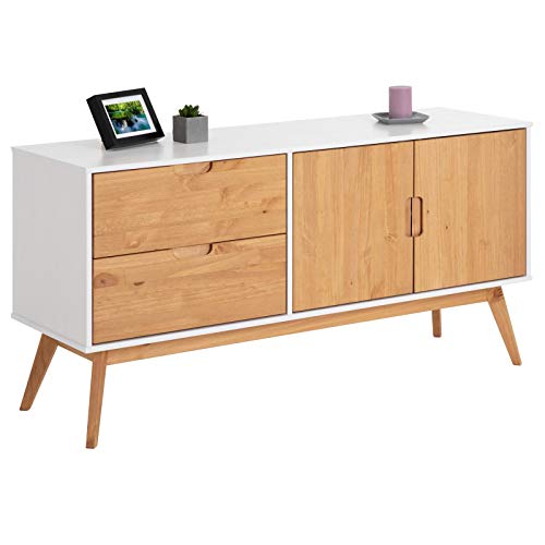 IDIMEX Sideboard Tivoli im skandinavischen Design, Kommode aus massiver Kiefer, 2 Türen und 2 Schubkasten, weiß/gebeizt Geschirrschrank Buffetschrank von IDIMEX