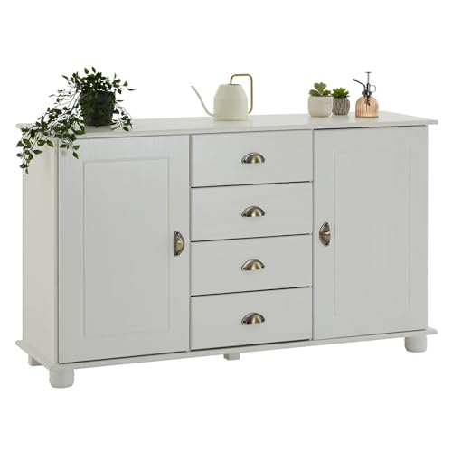 IDIMEX Sideboard Anrichte, Flur Kommode Sideboard im Landhausstil mit 4 Schubkasten und 2 Türen, Kiefer massiv, weiß lackiert von IDIMEX