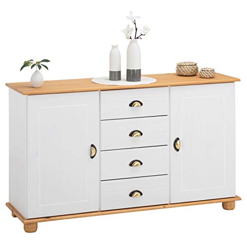 IDIMEX Sideboard Colmar, Flur Kommode Sideboard im Landhausstil mit 4 Schubkasten und 2 Türen, Kiefer massiv, weiß/braun lackiert von IDIMEX