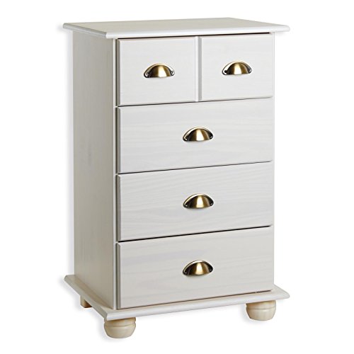 Schubladenkommode Colmar, schöne Kommode mit 4 Schubladen, zeiloser Apothekerschrank aus massiver Kiefer in weiß, praktisches Sideboard mit Muschelgriffe von IDIMEX