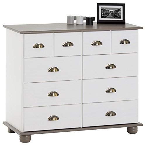 IDIMEX Schubladenschrank Colmar, schöne Kommode mit 8 Schubladen, praktischer Apothekerschrank in weiß/Taupe, Elegantes Sideboard mit Muschelgriffe von IDIMEX