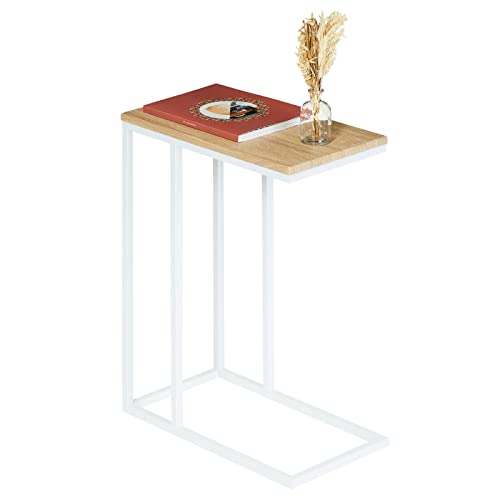 Beistelltisch Debora, praktischer Wohnzimmertisch in C-Form, schöner Couchtisch Tischplatte rechteckig in Sonoma Eiche, eleganter Sofatisch mit Metallgestell in weiß von IDIMEX
