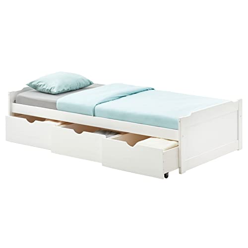 IDIMEX Bett MIA aus massiver Kiefer in weiß, schönes Funktionsbett mit 3 Schubladen, praktisches Jugendbett mit Liegefläche 90 x 190 cm von IDIMEX
