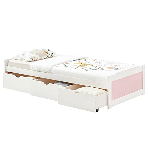 IDIMEX Bett MIA aus massiver Kiefer in weiß/rosa, schönes Funktionsbett mit 3 Schubladen, praktisches Jugendbett mit Liegefläche 90 x 200 cm von IDIMEX